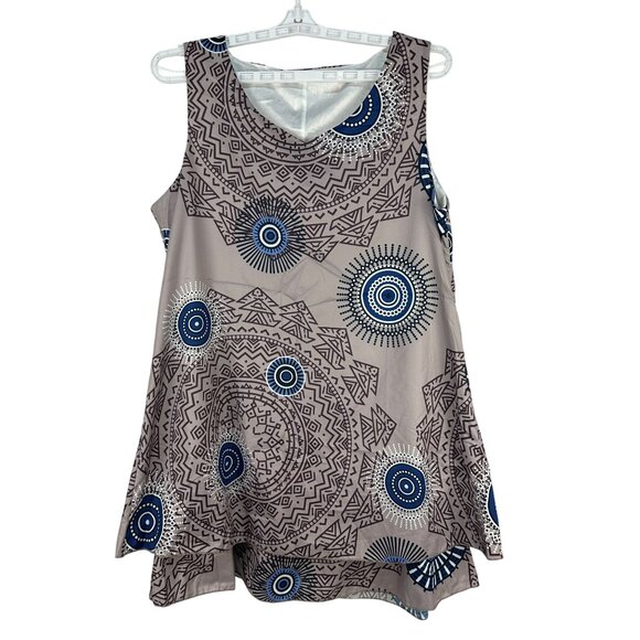Sleeveless Tunic Tank Top Size XXL Aztec Circle Print Beige And Blue - Picture 1 of 5